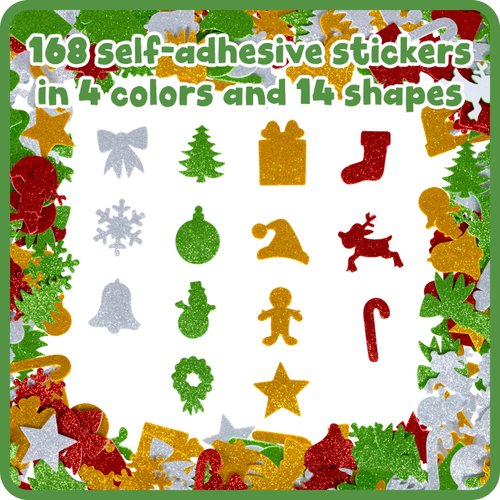 READY 2 LEARN Glitter Foam Stickers - Christmas Shapes - Pack of 168 - Self-Adhesive Stickers for Kids - Glitter Stickers for Holiday Crafting