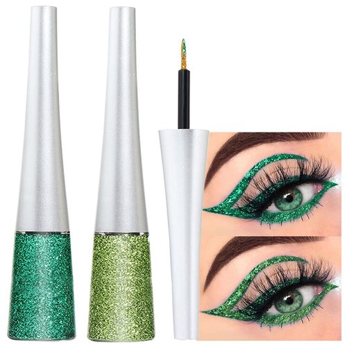 evpct 2Pcs Dark Light Emerald Green Glitter Liquid Eyeliner Makeup Sets Green Glitter Metallic Eye Liner Liquid for Women Shimmery Eyeliner Pencil delineador con glitter de colores para ojos colores