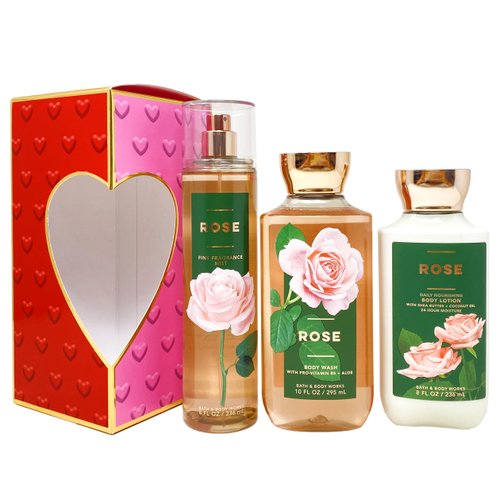 Generic Bath and Body Work ROSE Trio Heart Gift Box Bundle - Fragrance Mist - Body Wash and Body Lotion - Full Size, green