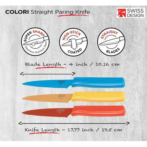 Kuhn Rikon Straight Paring Knife with Safety Sheath, 4 inch/10.16 cm Blade, Red, Yellow & Blue (Pack of 1)