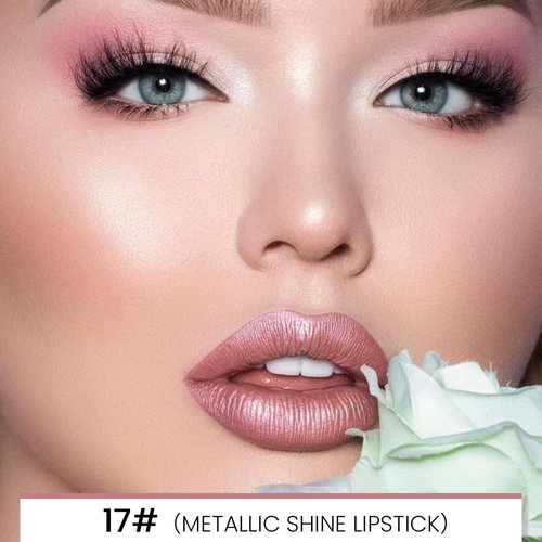 evpct 1Pcs Rose Nude Pink Metallic Shine Shimmer Lip Liner and Lipstick Combo Set Kit for Women, DNM Lightweight Hydrating Formula High Impact Full Coverage Lipstick and Lip Liner Makeup Gloss, 17#