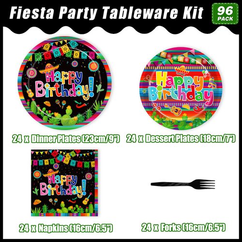 Kepeel 96 Pcs Mexican Birthday Party Plates, Fiesta Party Decorations Supplies Cinco De Mayo Carnival Birthday Party Paper Plates Napkins Colorful Stripe Serape Baby Shower Tableware, Serves 24