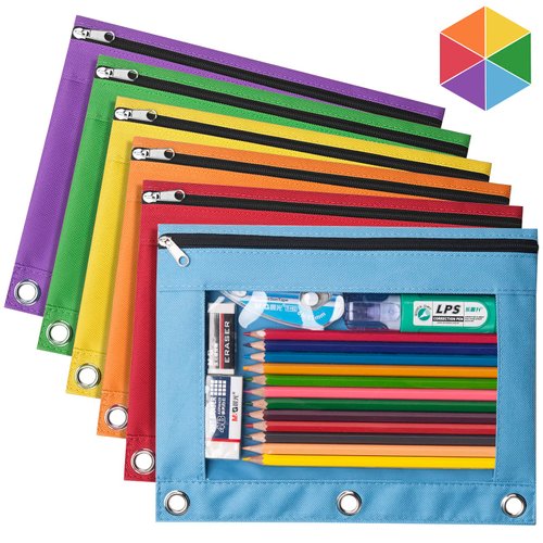 Forvencer 6Pack Pencil Pouches for 3 Ring Binder, Smooth Zipper 3 Ring Binder Pencil Pouch, Multi-Color Pencil Case for Binder, Clear Top Binder Pencil Pouch, Pencil Bag with 3 Re-enforced Grommets