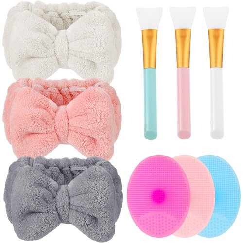 Patelai Microfiber Headbands with Bowtie Design, Silicone Facial Brush Set, and Face Mask Applicator Brushes - Christmas Gift Set