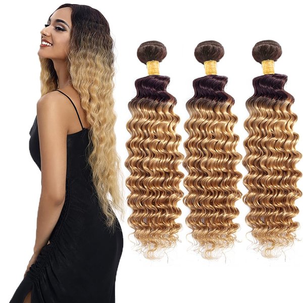Ombre Human Hair Bundles T4/27 Deep Wave Bundles Unprocessed Brazilian Virgin Human Hair 3 Bundles 24 26 28 Inch 2 Tone Brown and Honey Blonde Bundles Double Weft Hair Extensions