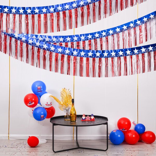 Mega-L 4th of July Decorations 2Packs 39 Feet Foil Fringe Garland Tinsel Streamers, Red White and Blue Star Metallic Hanging Backdrop Banner Table Skirts for Parade Floats Memorial Day Patriotic Party