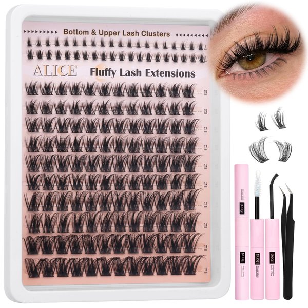 ALICE Wispy Lash Clusters Kit Cluster Eyelash Extension Kit 6-18mm Fluffy Volume Lash Extensions Kit CD Curl Individual Lashes Kit with Bottom Lashes Bond and Seal DIY at Home