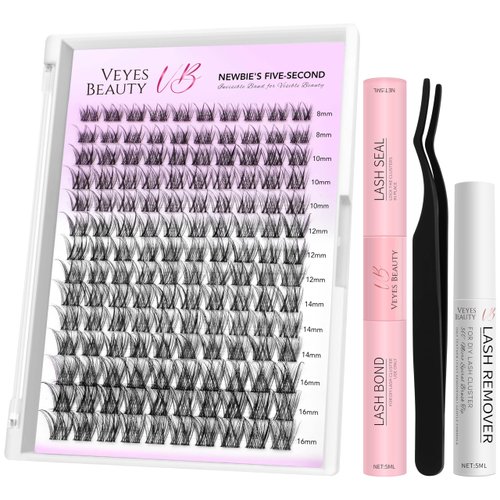 VEYESBEAUTY LuxeBold Cluster Lashes Kit Individual Lash Extensions Newbie's Five-Second DIY Dramatic Volume Eyelash Wispy Faux Mink Lash Mixed Length Tray with Bond & Seal, Applicator at Home