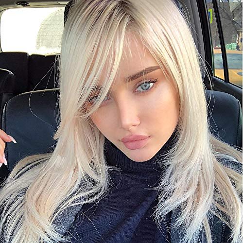 QUEENTAS Platinum Blonde Wigs for Women Girls Blonde Wig with Side Bangs Layered Long Blonde Bob Wig for White Women Straight Free Part None Lace Synthetic Hair (Platinum Blonde)
