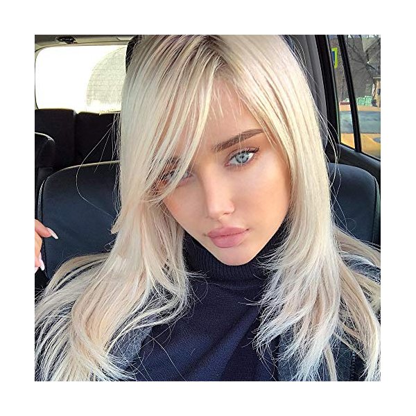 QUEENTAS Platinum Blonde Wigs for Women Girls Blonde Wig with Side Bangs Layered Long Blonde Bob Wig for White Women Straight Free Part None Lace Synthetic Hair (Platinum Blonde)
