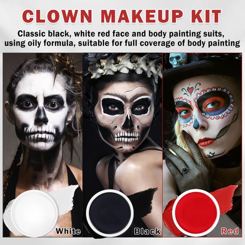 QIUFSSE Clown Makeup Kit,Red Black and White Face Painting Kit Professional,Clown Face Paint Halloween Makeup Kit with Brushes,Oil Based Body Paint for Adults,Joker Vampire Zombie Makeup