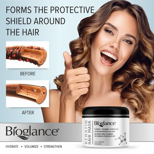Bioglance Keratin Hair Mask | Quick Repair | Restore Shine & Volume | Efficient Formula with Biotin & Collagen | Hydrates Volumizes & Strengthens | Made in USA
