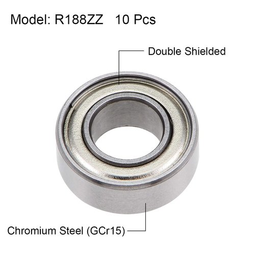 uxcell R188ZZ Deep Groove Ball Bearings Z2 1/4 Inch x 1/2 Inch x 3/16 Inch Double Shielded Chrome Steel Skateboard Bearings Sealed Industrial Bearings10pcs