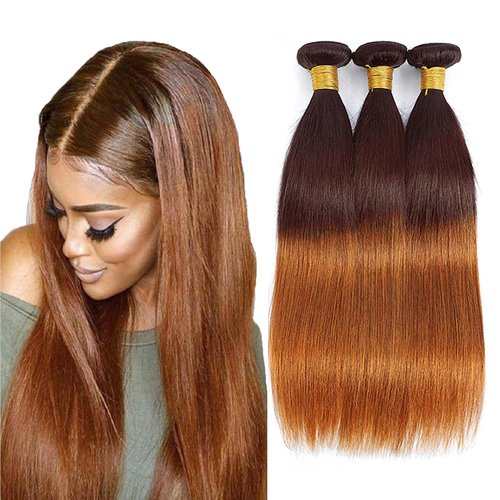 T4/30 Bundles Human Hair Ombre Straight Bundles Brazilian Grade 8A Virgin Human Hair 3 Bundles 22 24 26 Inch 2 Tone Brown and Light Brown Bundles Double Weft Hair Extensions
