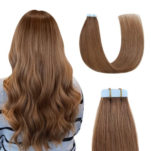 Sunya Hair Extensions Tape in Human Hair 18 inches Silky Straight Remy Human Hair Seamless Skin Weft Tape in Hair Extensions 18 inches #6 Chestnut Brown 50 Gram 20Pcs/Pack Soft Hair