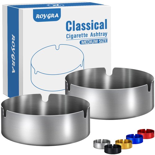 roygra Ashtray 2 Pack, Metal Ashtray - Silver, Medium Size (3.15 x 3.15 x 1.3’’)