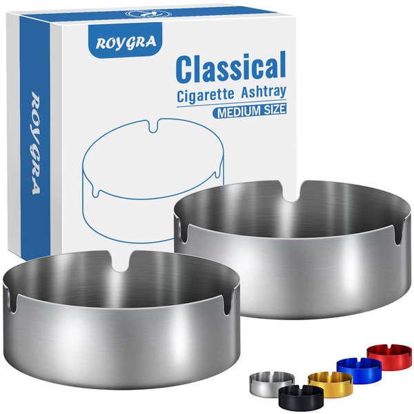 roygra Ashtray 2 Pack, Metal Ashtray - Silver, Medium Size (3.15 x 3.15 x 1.3’’)