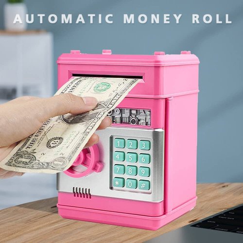 Piggy Bank, Electronic Money Bank, Safe Mini ATM Cash Coin Can, Auto Scroll Paper Money Saving Box, Great Birthday Gifts for Kids, Pink