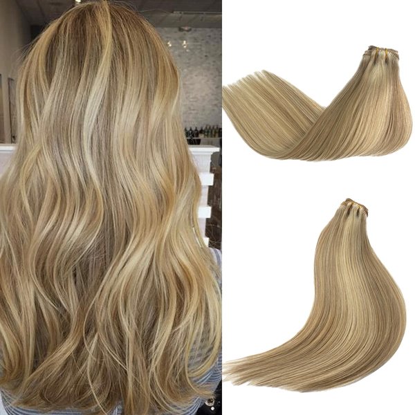 Brazilian Hair Extensions Long Straight Clip ins Hair Extension,OiMiGO Blonde Hairpieces Thick Hair Extensions Full Head 20Inch 70g 5pcs,Highlight Blonde Clip in Hair Extensions (#18P60,20Inch)