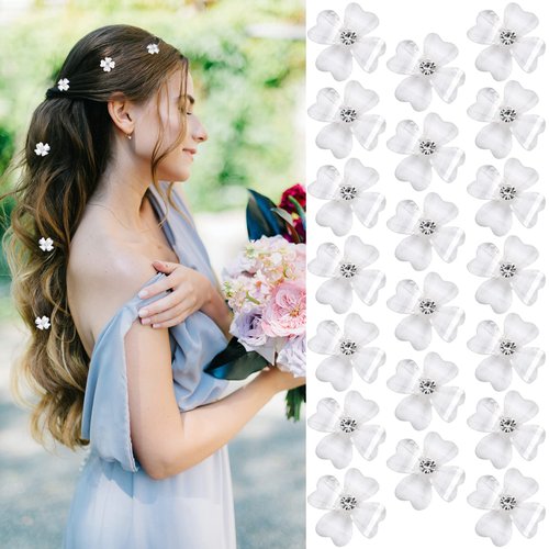 YISSION 20Pcs Mini White Flower Hair Clips with Rhinestone Cute Hair Pins Decorative Hair Clips Wedding Hair Barrettes Bridal Hair Accessories for Girls Women
