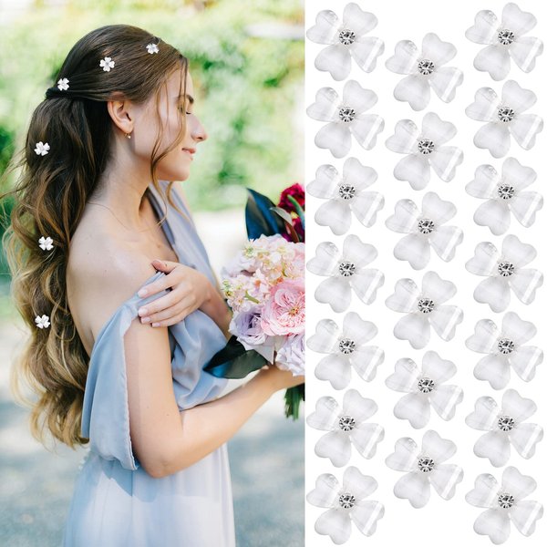 YISSION 20Pcs Mini White Flower Hair Clips with Rhinestone Cute Hair Pins Decorative Hair Clips Wedding Hair Barrettes Bridal Hair Accessories for Girls Women