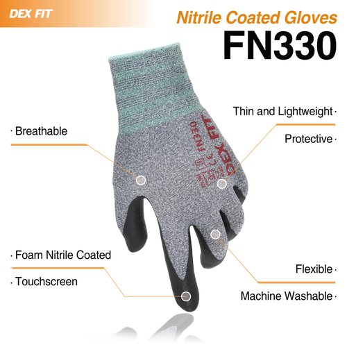 DEX FIT Nitrile Work Gloves FN330, 12 Pairs, 3D-Comfort Stretchy Fit, Firm Grip, Thin & Lightweight, Touch-Screen Compatible, Durable, Breathable & Cool, Machine Washable; Grey L (9)