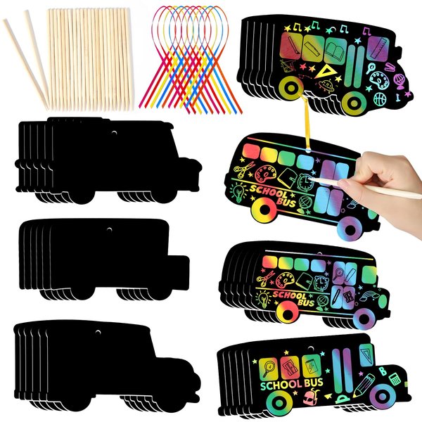 HOWAF 36 PCS School Bus Scratch Cards Gift, First Day of School Magic Bus Scratch Paper Art Kit DIY Back to School for Classroom Activity Art Project