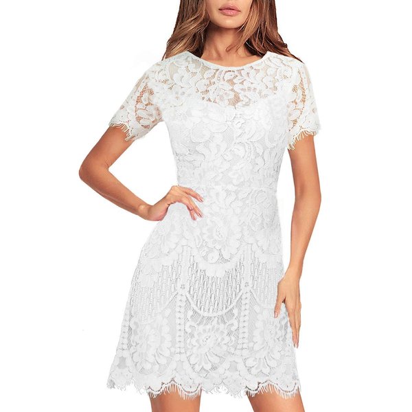 MSLG White Lace Dresses for Women Elegant Round Neck V-Back Wedding Guest Floral Lace Cocktail Party Dress 910 (White, L)