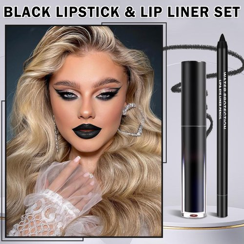AOAZXBB Black Lipstick Black Lip Liner Set Matte Lipstick 2PCS Long Lasting Black Lip Stain and Lip Liner Set for Halloween Cosplay Goth Makeup
