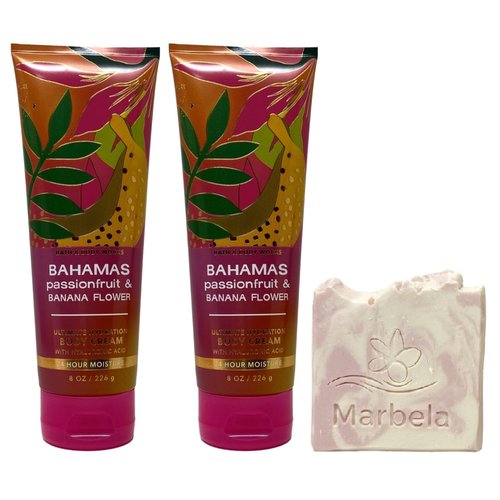 Bath & Body Works Bahamas Passionfruit & Banana Flower - 2 Pack Of Body Cream with a Himalayan Salts Springs Sample Bar Soap.