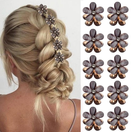 10 Pcs Mini Cute Flower-Shaped Hair Clips for Girls, Multicolor Crystal Hair Barrettes for Long Braid Hairstyles, Flower Hairpin for Women Hair Accessories (10 Pcs- Black)