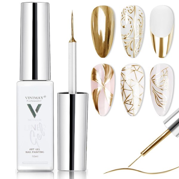 NAILKISS Metallic Mirror Painting Liner Gel Polish, Gold Metal Painted Drawing Gel with Build in Thin Brush, Mirror Chrome Gel Polish Nail Art Gel Liner Soak Off DIY Nail Art Manicure