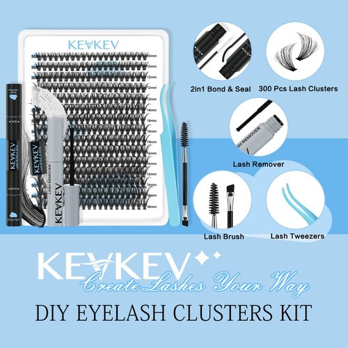 KevKev Lash Extension Kit 300Pcs Lash Clusters Kit DIY Eyelash Extension Kit with Lash Bond and Seal Eyelash Remover Lash Applicator Wispy Lashes Look Like Extensions Gift Kit (30D, D-10-18mix)