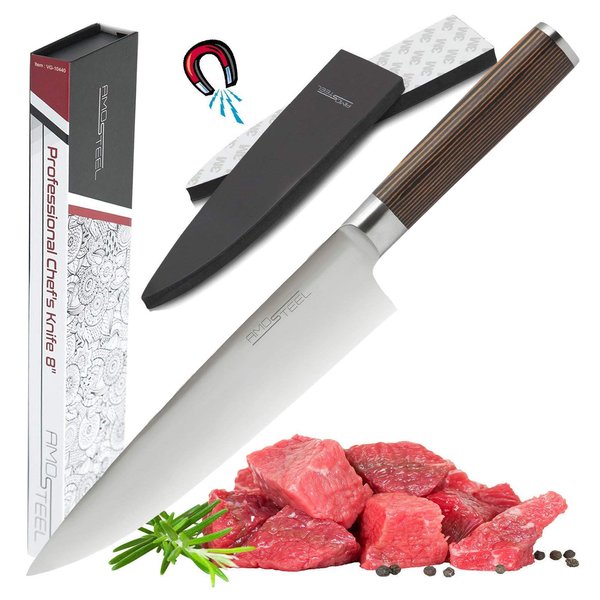 Premium Chef Knife Japanese Style 8 Inch - Multipurpose Balanced Ultra Sharp Professional Carbon Stainless Steel GERMAN Blade Ergonomic Wood Handle Wasabi Knife Set + Magnetic Holder by Amosteel