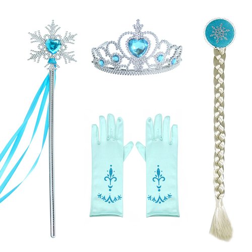 Princess Dress Up Party Accessories Set with Gloves,Crown,Snow Wand and Wigs for Women Blue (4pcs)