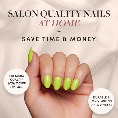 Glamnetic Press On Nails - Lime Green | Opaque Bright Neon Green Short Oval Fake Nails, Reusable | 15 Sizes - 30 Nail Kit