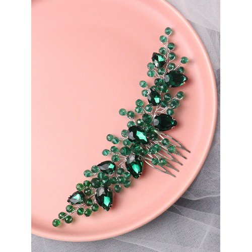 Brihasory Bride Wedding Hair Comb Rhinestone Bridal Hair Accessories Flower Hair Piece Party Prom Valentine Day Side Comb Crystal Hair Clips for Women and Girls Hair Decoration(Green)