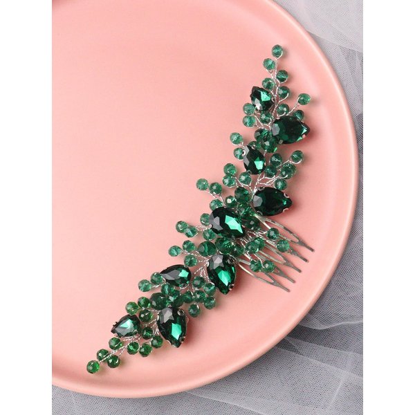 Brihasory Bride Wedding Hair Comb Rhinestone Bridal Hair Accessories Flower Hair Piece Party Prom Valentine Day Side Comb Crystal Hair Clips for Women and Girls Hair Decoration(Green)