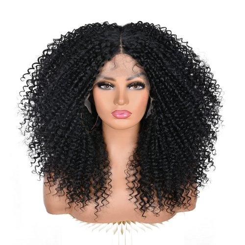 ANNISOUL Black Curly Lace front Wigs for Black Women,Lace front Wig Synthetic Hair Pre Plucked Deep Curly Wave 13x4x1 HD Short Glueless Curly Afro Wig 17Inch