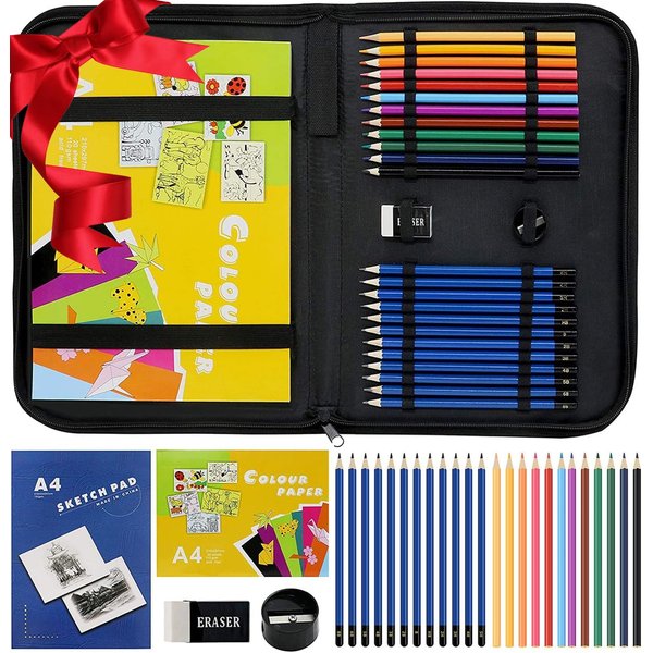 LUCYCAZ Drawing Pencil Kit, Sketchbook with Charcoal Pencils and Sketch Pads Set, Kids Art Supplies with Drawing Pad in Carrying Case, Travel Sketch Kit for Kids Beginners Adults Artist Teens