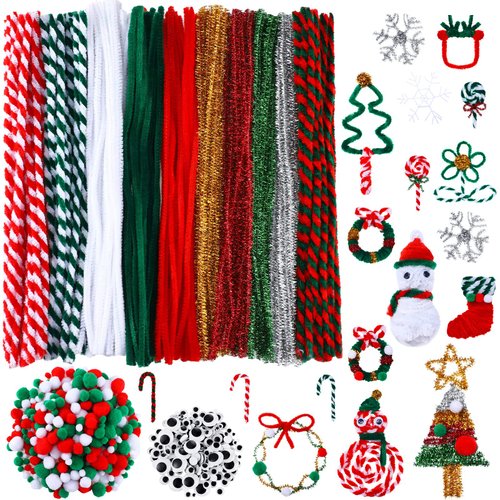 800 Pcs Christmas Pipe Cleaners Sets Include 200 Pcs 10 Colors Chenille Stems 200 Pcs 5 Sizes Self Adhesive Wiggle Googly Eyes 400 Pcs 4 Sizes Art and Crafts Pompoms for DIY Making (Fresh Color)