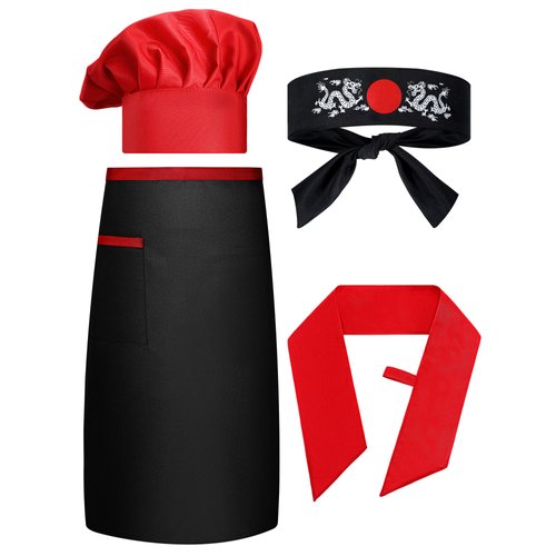 4 Pcs Hibachi Chef Hat Hibachi Chef Costume Accessories Halloween Teppanyaki Chef Hat with Adjustable Hachimaki Headband Tie Apron Hat Baker Chef Tie for Men Women