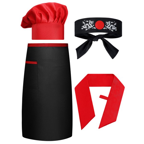4 Pcs Hibachi Chef Hat Hibachi Chef Costume Accessories Halloween Teppanyaki Chef Hat with Adjustable Hachimaki Headband Tie Apron Hat Baker Chef Tie for Men Women