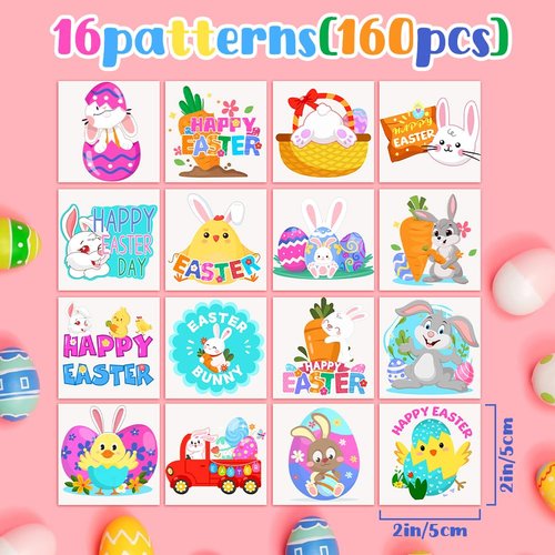 160PCS Temporary Easter Tattoos for kids 2 Inch Fake Tattoo Stickers with Easter Eggs Rabbits Chicks Easter Basket Stuffers Goodie Bag Fillers Easter Decorations Party Favors Supplies for Boys Girls