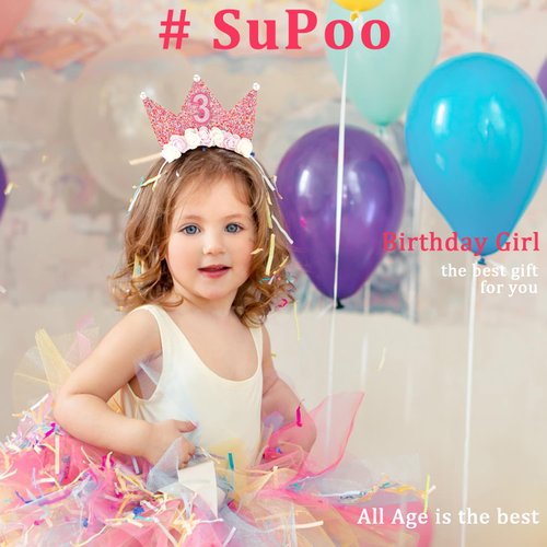 SuPoo Birthday Decorations for 3 Year Old Girl - Headband, Crown, Glitter Hair Band, Flower Princess Tiara Hair Accessory