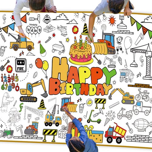 Giant Construction Coloring Poster for Kids Happy Birthday Coloring Tablecloth Banner Birthday Backdrop Dump Truck Party Decorations for Boys Girls Home Classroom Birthday Party Supplies 52.8x 35 Inch