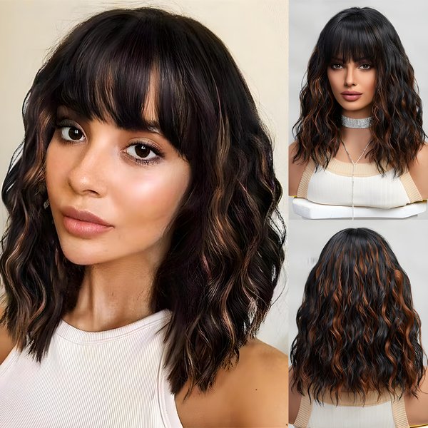 Black Wig With Highlights,Shoulder Length Bob Curly Wavy Black Wigs With Bangs for Women, Charming Heat-resistant Synthetic Hair Wigs for Date Daily Use