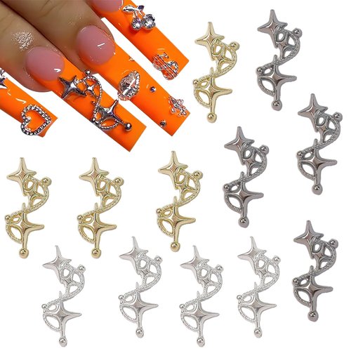 12pcs Triple Star Nail Charms Alloy Star Nail Gems 3D Metallic Starlight Nail Rhinestones Y2K Gold Silver Star Nail Diamond Gun-Black Triple Star Nail Jewels for Women Girls Manicure Nail Art Supplies