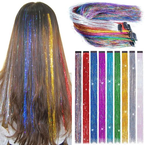FAIRY COLOR 9 PCS Girls Hair Accessories Party Highlights Colorful Clip in Tinsel Hair Extensions，Synthetic Straight Long Hairpieces (Rainbow Color)