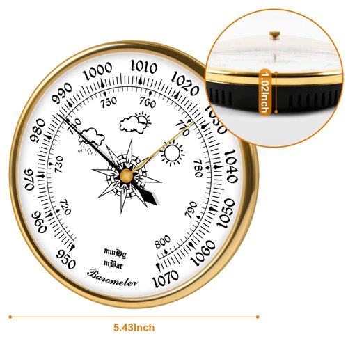 Barometer Weather Station - 5Inch Home Wireless Weather Station Indoor Outdoor Hanging Barometer for Home Wall, Fishing Boat, Baby Room, Office, Stainless Steel Enclose, Acrylic Glass